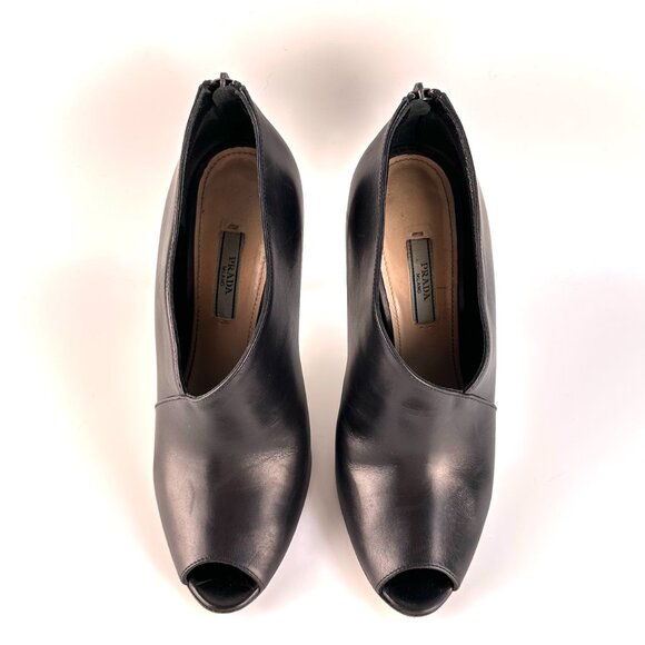 PRADA Black Leather Peep-Toe Ankle Booties - Size 39 - Picture 3 of 11